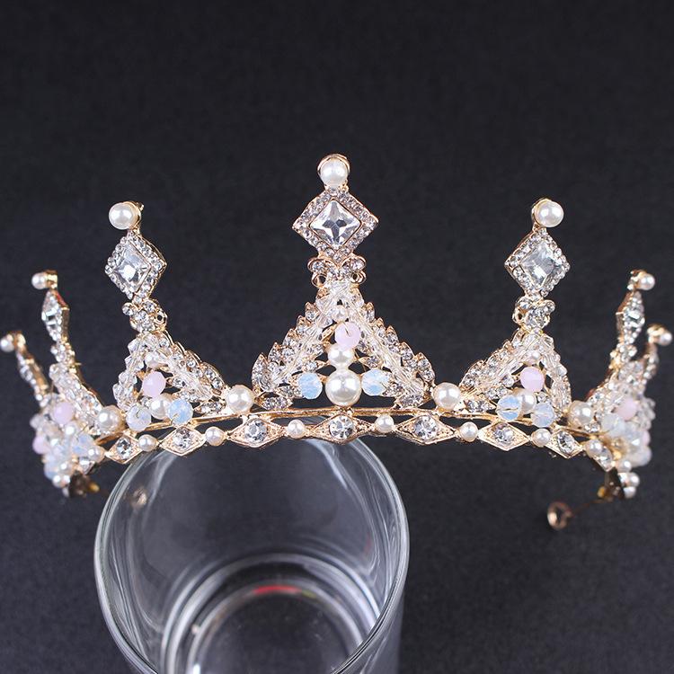 Korean Bride Gold Handmade Crown Headband Headdress New Alloy Crown Crystal Beaded Wedding Accessories