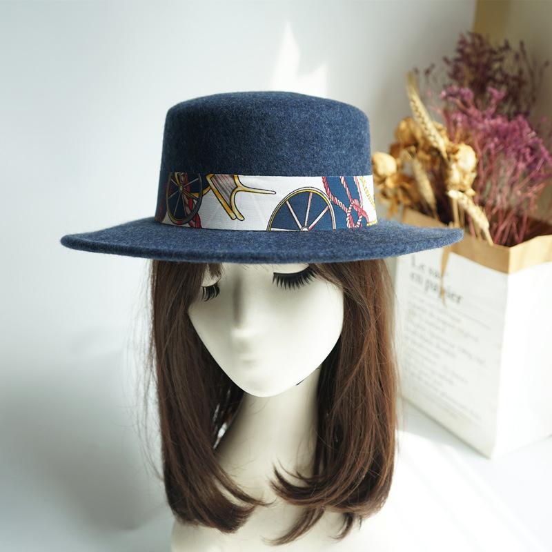 French Retro Japanese Simple Temperament Mixed Blue Flat Top Top Hat Men'S And Women'S Autumn And Winter Wool Felt Hat British Tide
