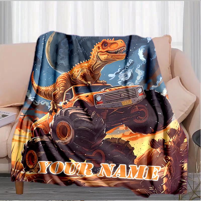 1PC Custom Name Dinosaur Monster Truck Adventure flannel blanket versatile,all-season throw suitable for the living room,bedroom,camping,travel,and gi