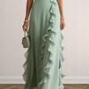 2026 Summer European and American Style Solid Color High-Waisted Pleated V-Neck Dress