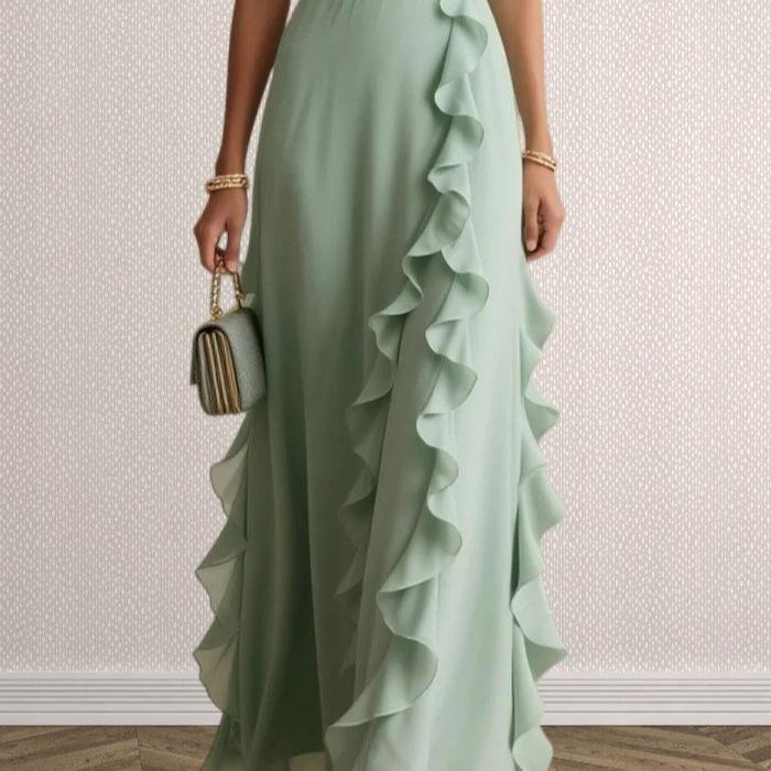 2026 Summer European and American Style Solid Color High-Waisted Pleated V-Neck Dress