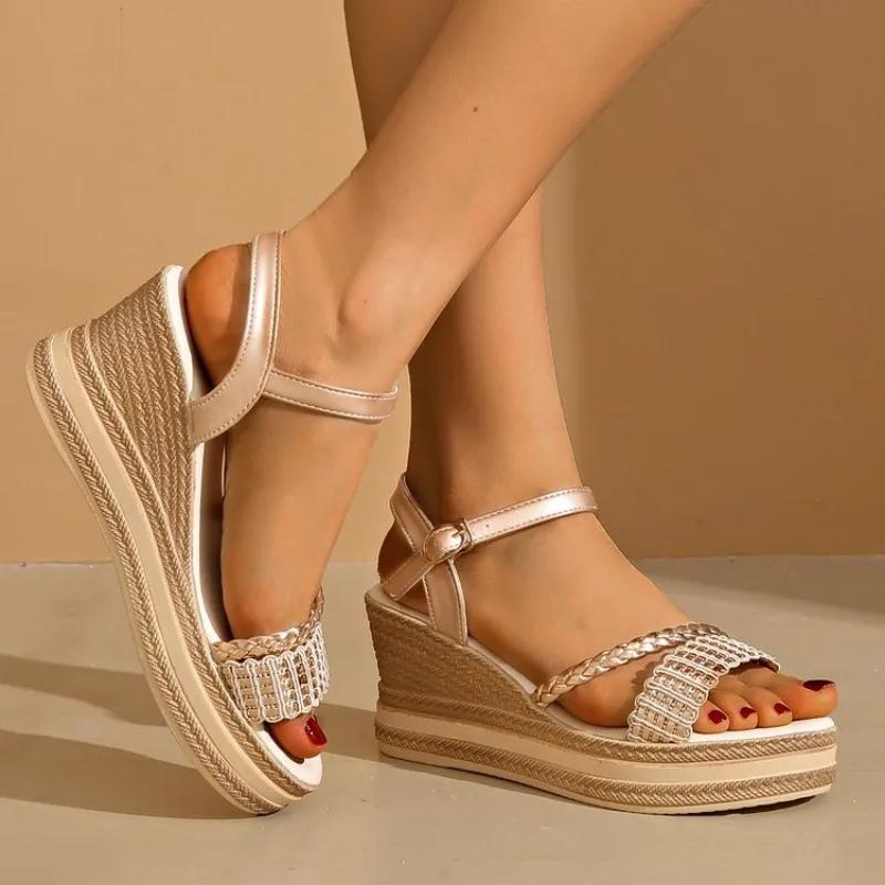 Fashion 2025Fashion Pearl Striped Wedge  for  Summer Comfort Thick Sole Beach Shoes Woman Ankle Strap Chunky Platform Sandalias