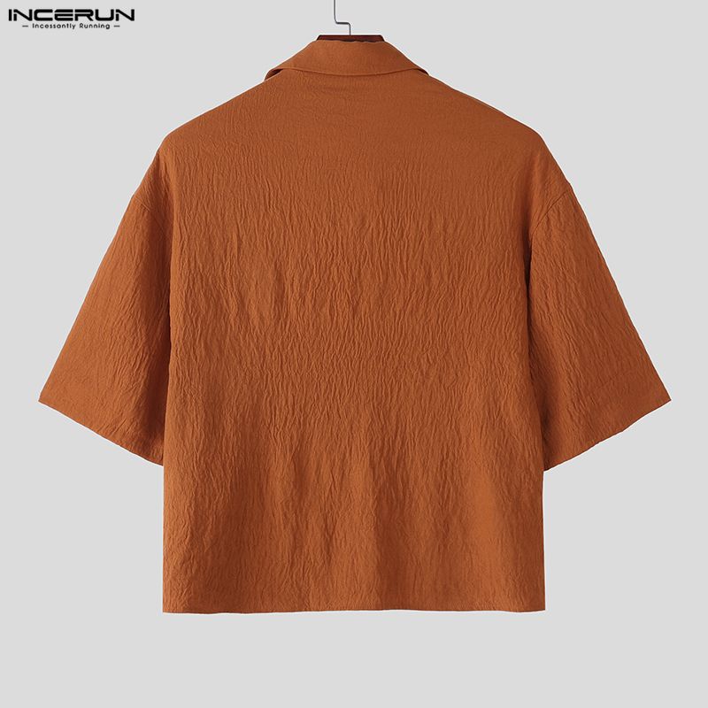 INCERUN Oversized Men Lapel Neck Short Sleeve Cropped Casual Loose Shirts