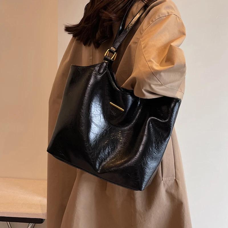 Big Shoulder Bags for Women Large Capacity Tote Bag Winter Vintage Solid Color Zipper Leather Travel Retro Handbag Purse