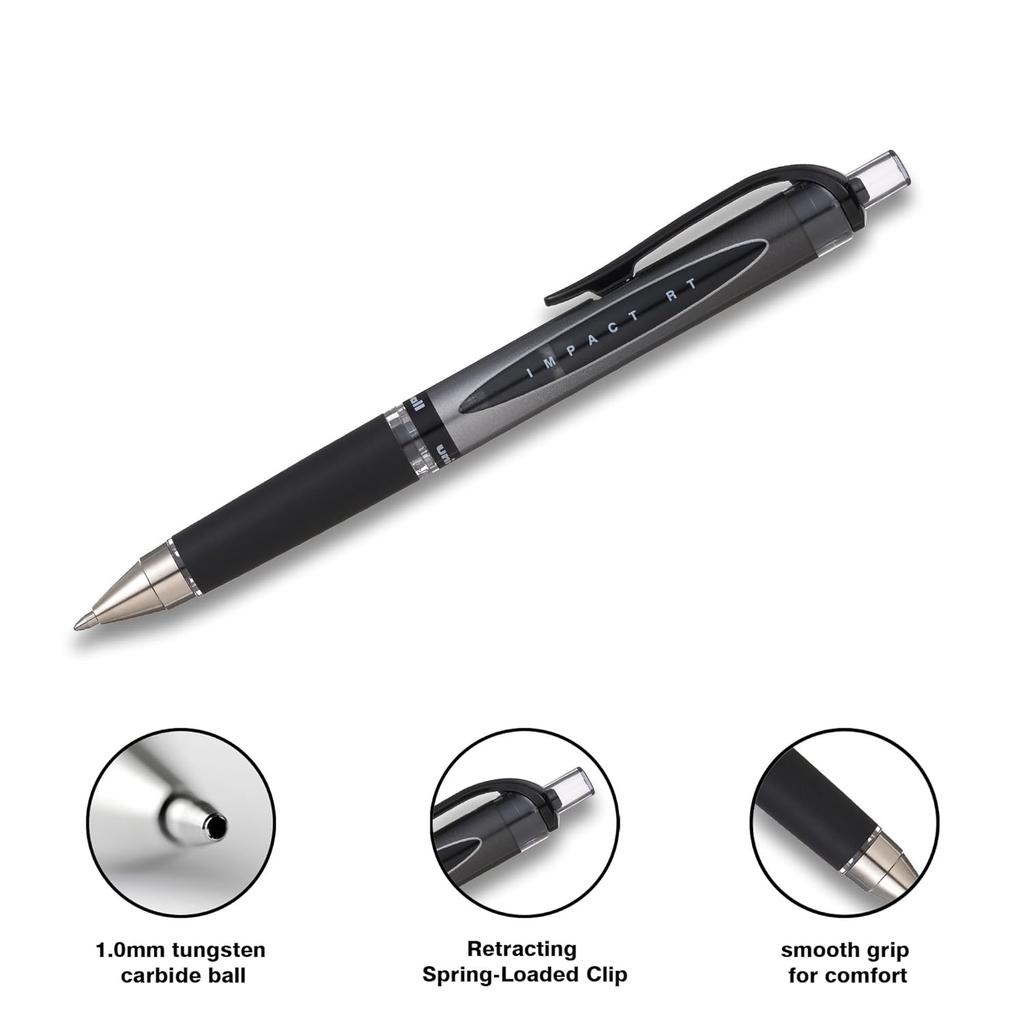Uni-ball Gel Impact RT UMN-152S 1.0mm Retractable Rollerball Pen Black Ink Pack of 3 for Office Home & School