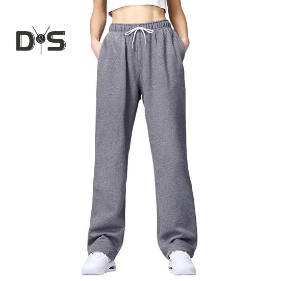 Women Pants Mid-rise Elastic Waist Adjustable Drawstring Long Trousers Solid Color Straight Wide Leg Autumn Winter Sport Trousers