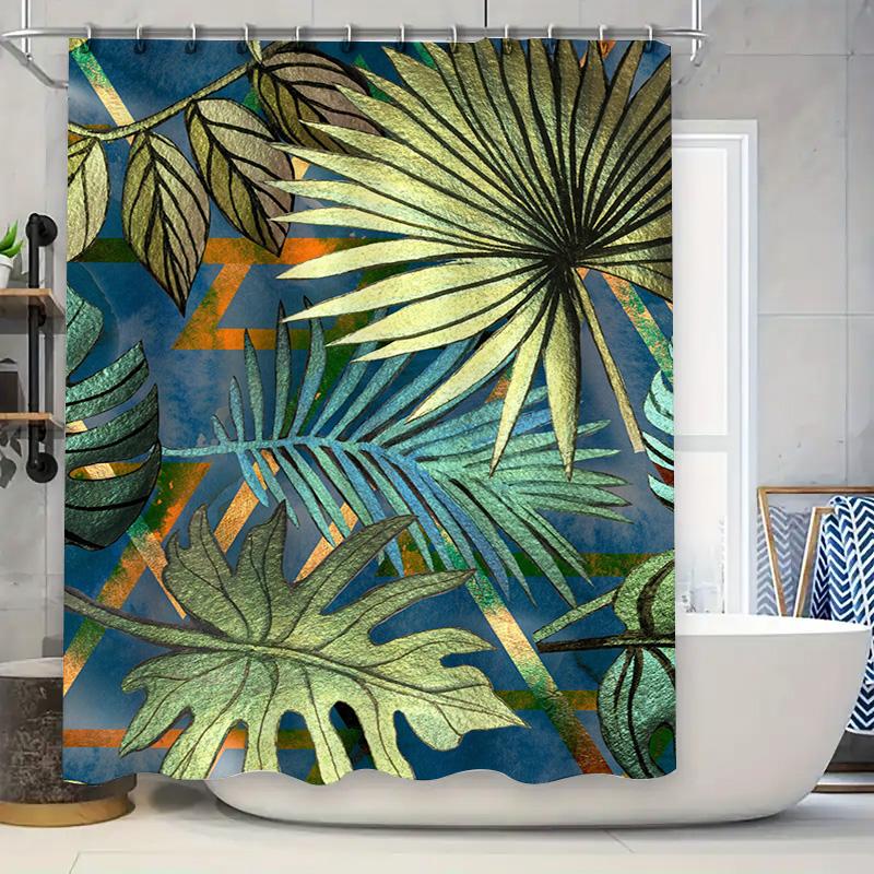 

Decorative Shower Curtain Featuring Green Leaves Golden Sunburst Pattern Perfect For Bathroom Renovations W60H190(CM)-1 Pcs