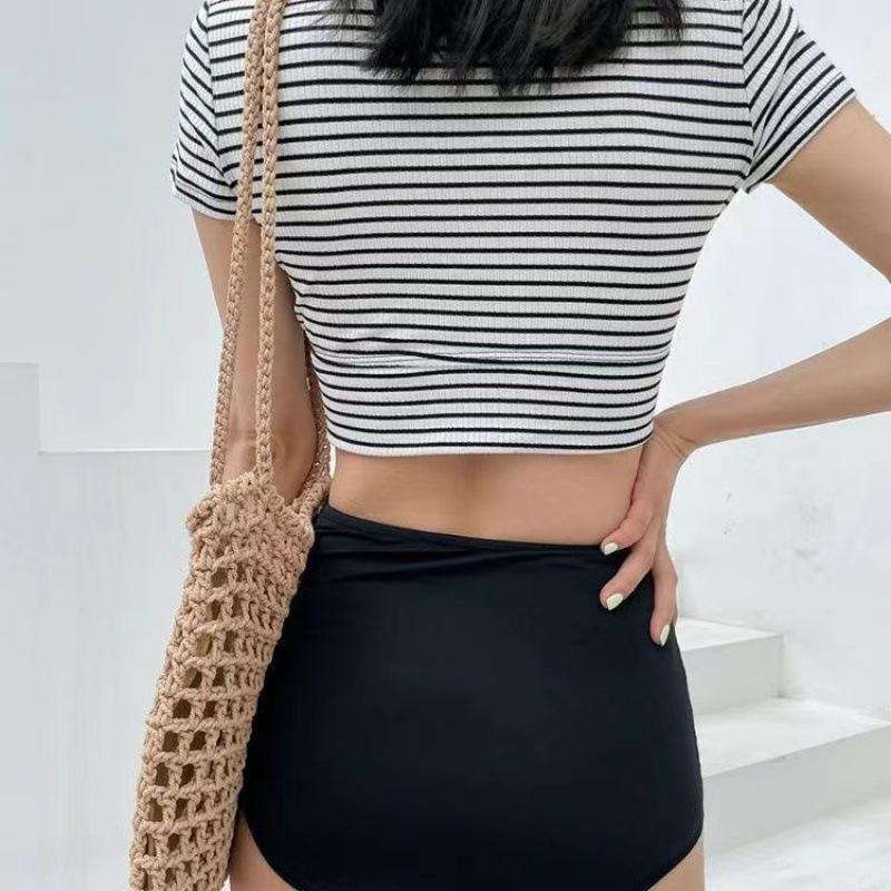Women's Short Sleeve Striped High Waist Swimsuit, Korean Style, Tummy Control, Slimming, In Stock