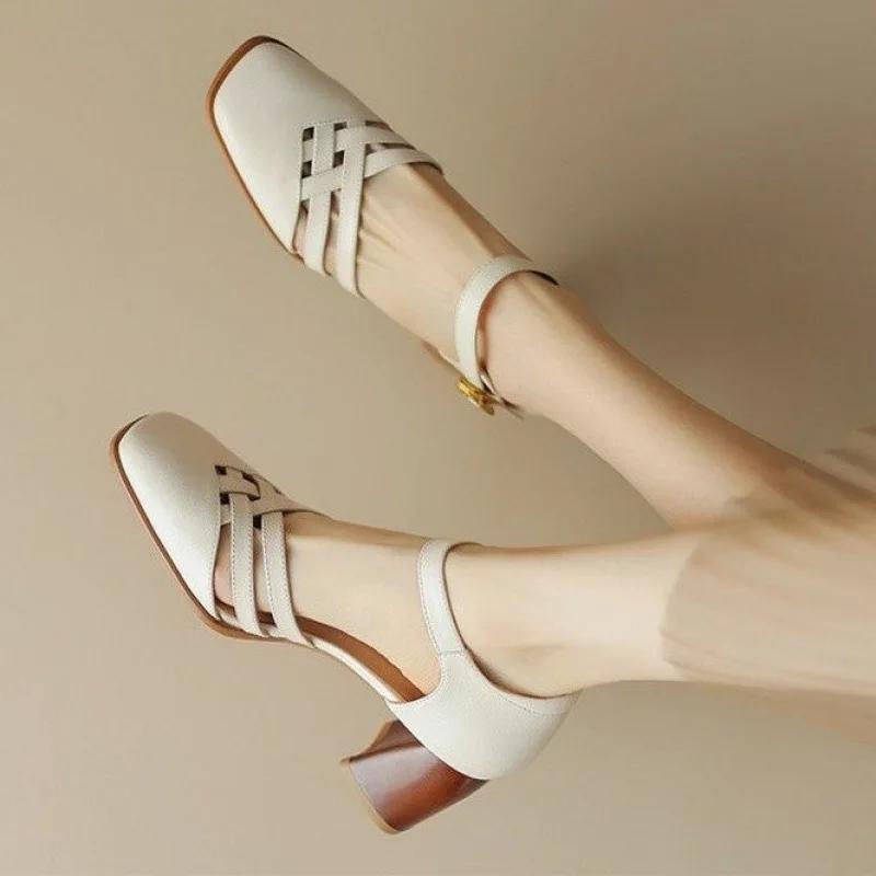 French Style Hollow Out Soft Leather High Heels Roman Head Women's Sandals Summer New Retro Rubber Bottom Square Toe Shoes