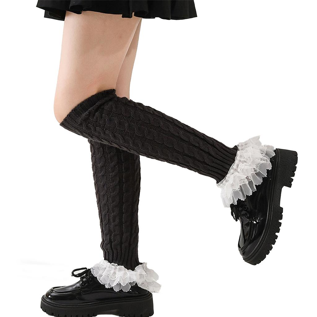 Aesthetic Elegant Layered Ruffled Lace Trim Leg Warmer for Women Japanese Cable Knit Leg Sleeve Covers Knee Length Socks