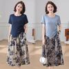 Summer Two-Piece Set for Mature Women: Stylish Short-Sleeve Top and Skirt Dress