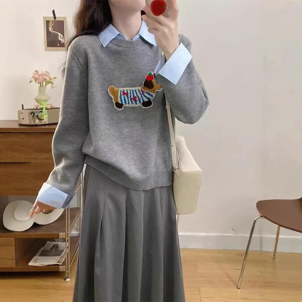 Autumn and winter wear contrasting color long-sleeved sweater top female cartoon dachshund gray fake two-piece shirt collar knitted sweater female