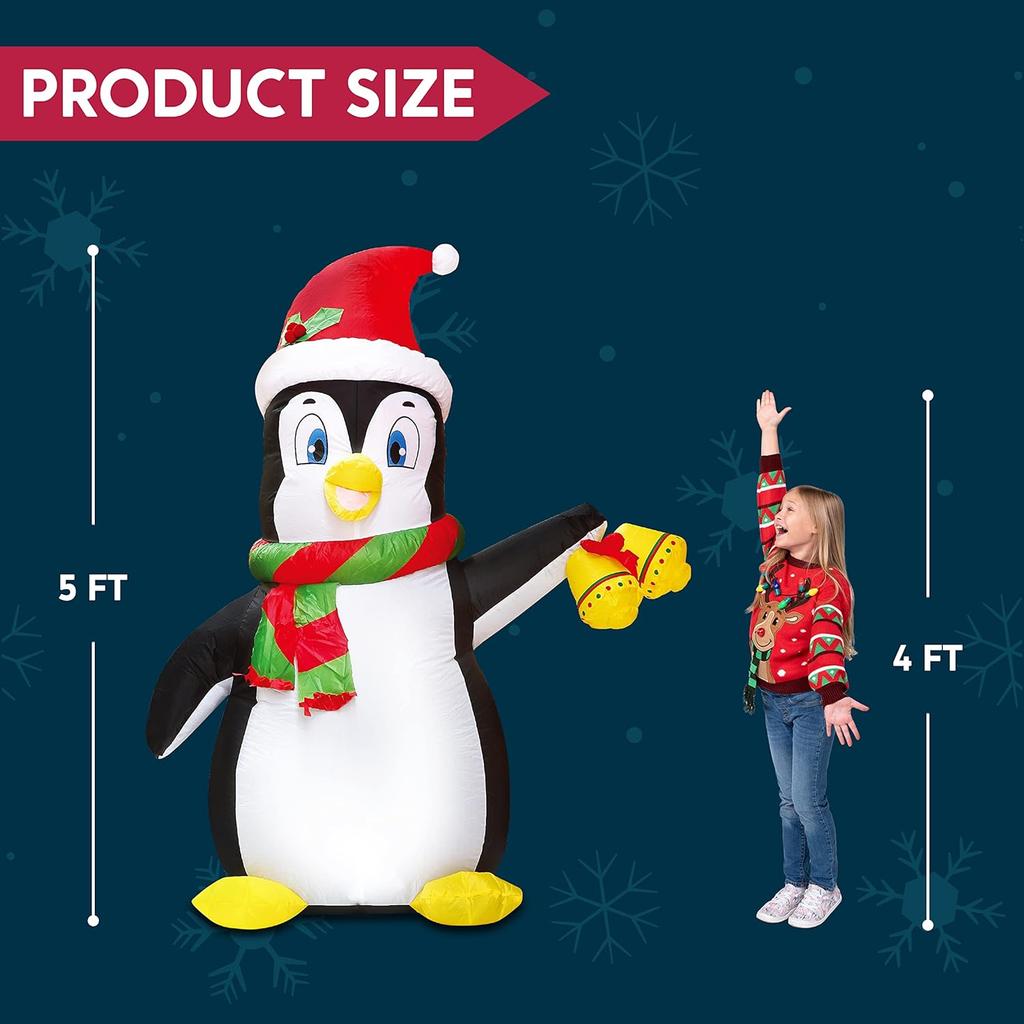 JOYFY 5 FT Christmas Inflatable Penguin Decoration with Built-in LEDs for Christmas Party Indoor Outdoor Décor