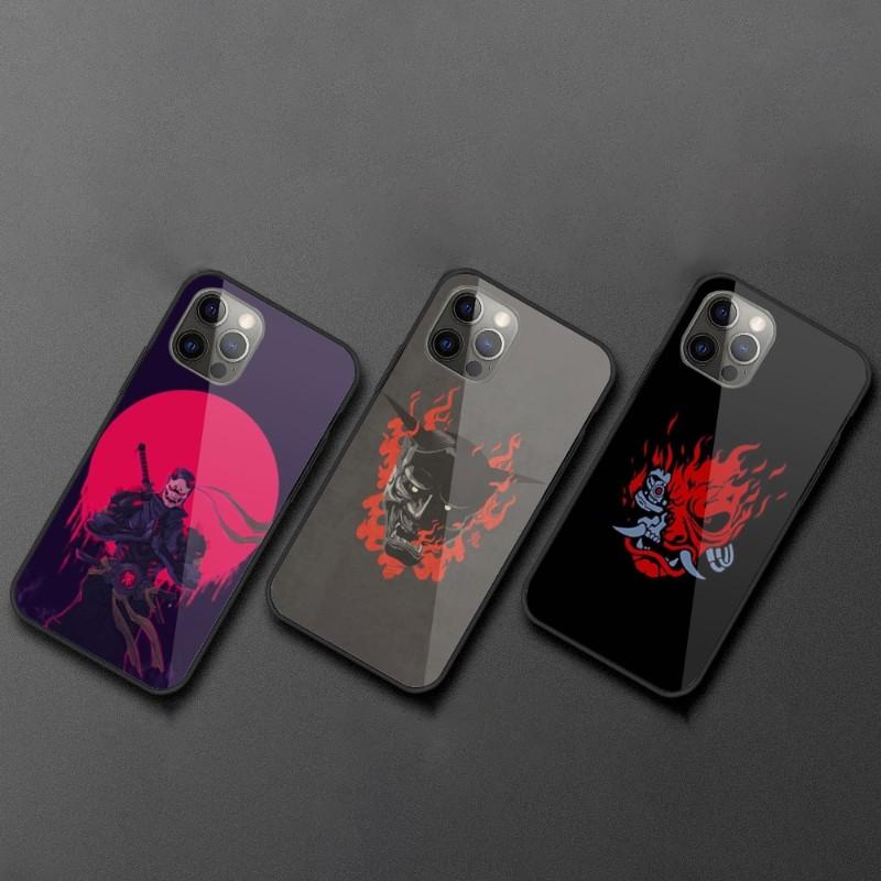 Samurai-Maske Handyhülle für iPhone 14 13 12 11 XS X 8 7 6 Plus Mini Pro Max SE 2022 Schwarze PC TPU Glas Handyhülle