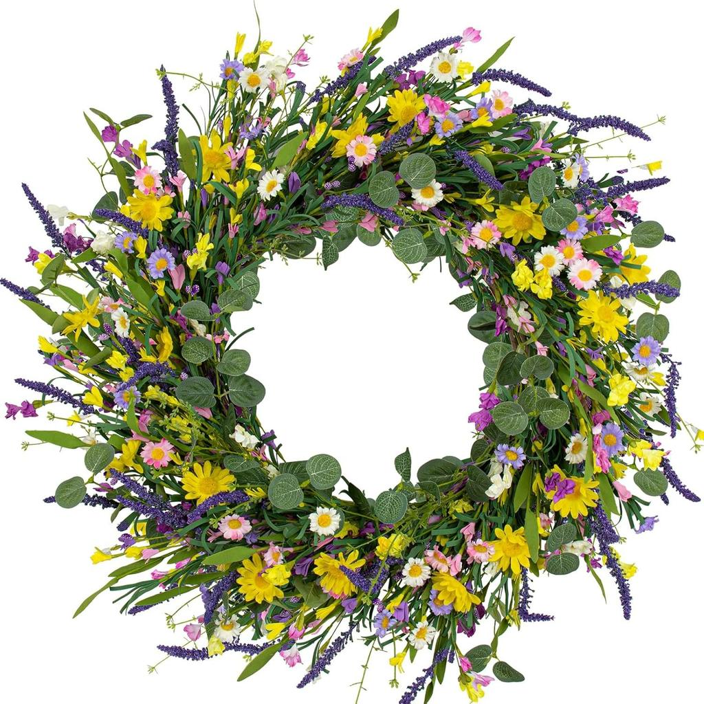 22 Inch Artificial Summer Wreath Daisy and Lavender Wreath with Wildflowers for Home Wall Farmhouse Springtime Easter Holiday Party