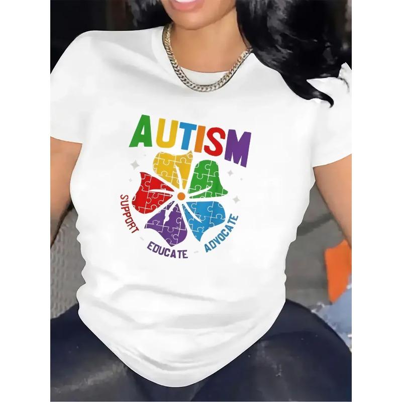 Women'S Autism Awareness T-Shirt - Puzzle Piece Design with Support, Educate, Advocate - Soft Polyester Shirt for Autism Acceptance, Casual