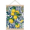 KRHFG Mediterranean Tiles Lemon Wall Art Poster Framed, Vintage Blue and White Floral Tile Italian Lemons Fruit Hanging Canvas Prints Wall Decor for