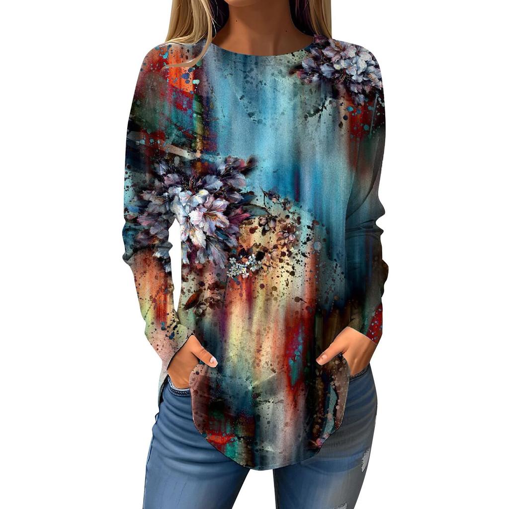 Camiseta de mujer con estampado de hojas en 3D, manga larga, cuello redondo, estilo clásico, ideal para vacaciones, fines de semana, primavera y otoño.