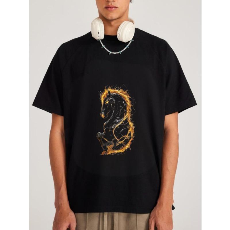

White T-Shirt with Flame Horse Graphic for Casual Wear XXXXL чорний