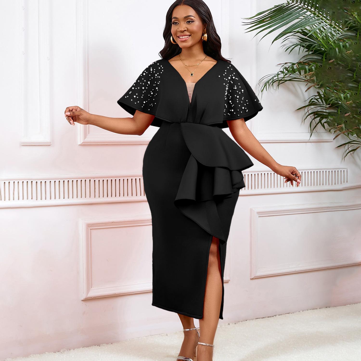 

YYFS Женская мода лето весна короткий рукав высокая талия V-образный вырез коктейльные и вечерние платья XXXL чёрный