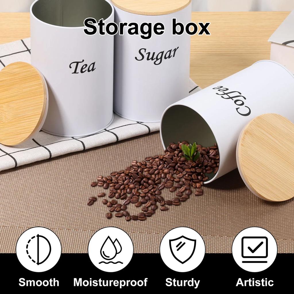 3Pcs Food Storage Canisters Iron Tea Sugar Coffee Canisters with Bamboo Lid Versatile Tea Coffee Sugar Canister for Sugar Tea