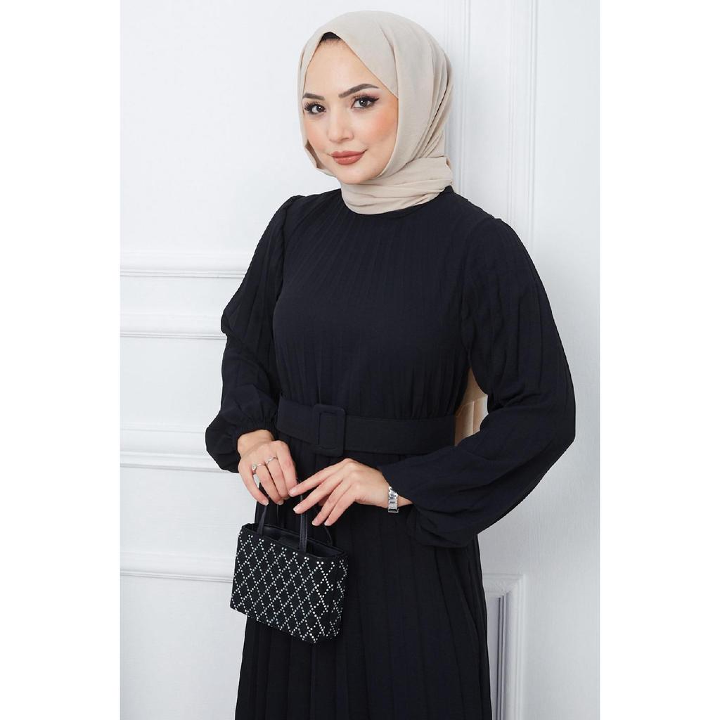 Belted Pleated Aerobin Dress Khaki Hm2339