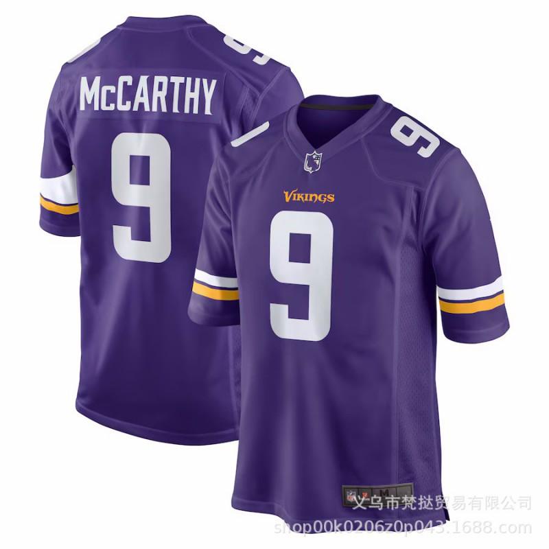 NFL Minnesota Vikings 18 Jefferson 9 McCarthy Morado Blanco Bordado Camiseta de Fútbol para Hombre Manga Corta Ropa Deportiva
