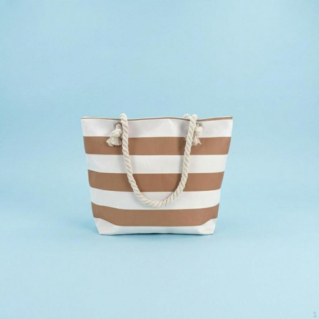 Striped Canvas Seaside Tote Inner Zipper Pocket Bag Lightweight Nautical Design