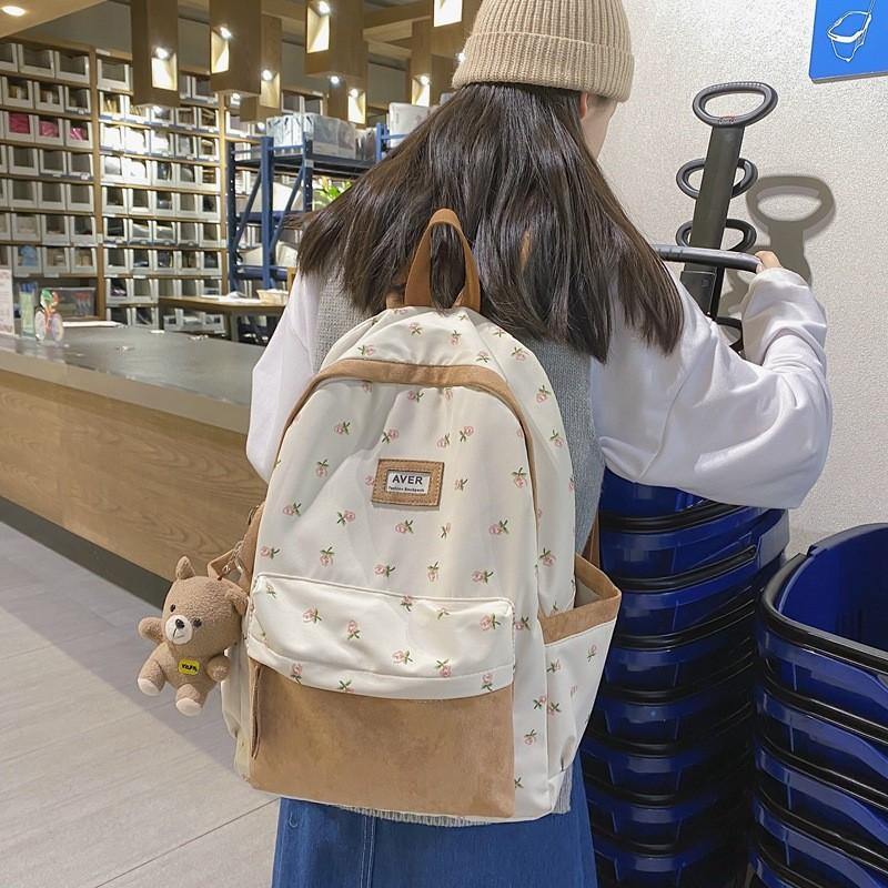 Fashionable Color Blocked Flower Pattern Letter Decor Student Casual Backpack