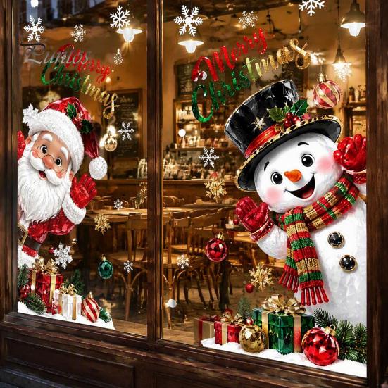 Snowflake Static Clings Christmas Window Clings, Santa Snowman PVC Stickers, Waterproof Creative Xmas Gift Decor Glass Decals for Home Shop