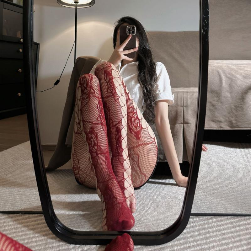 Spice Girl Sexy Pure Lust Temptation Knee Suspenders Net Socks Rose Pattern Side Cross Line Empty Integrated Net Socks