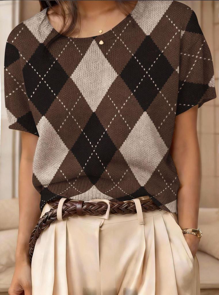 Top Maglione Girocollo a Maniche Corte Jacquard Color Block Retrò 2026