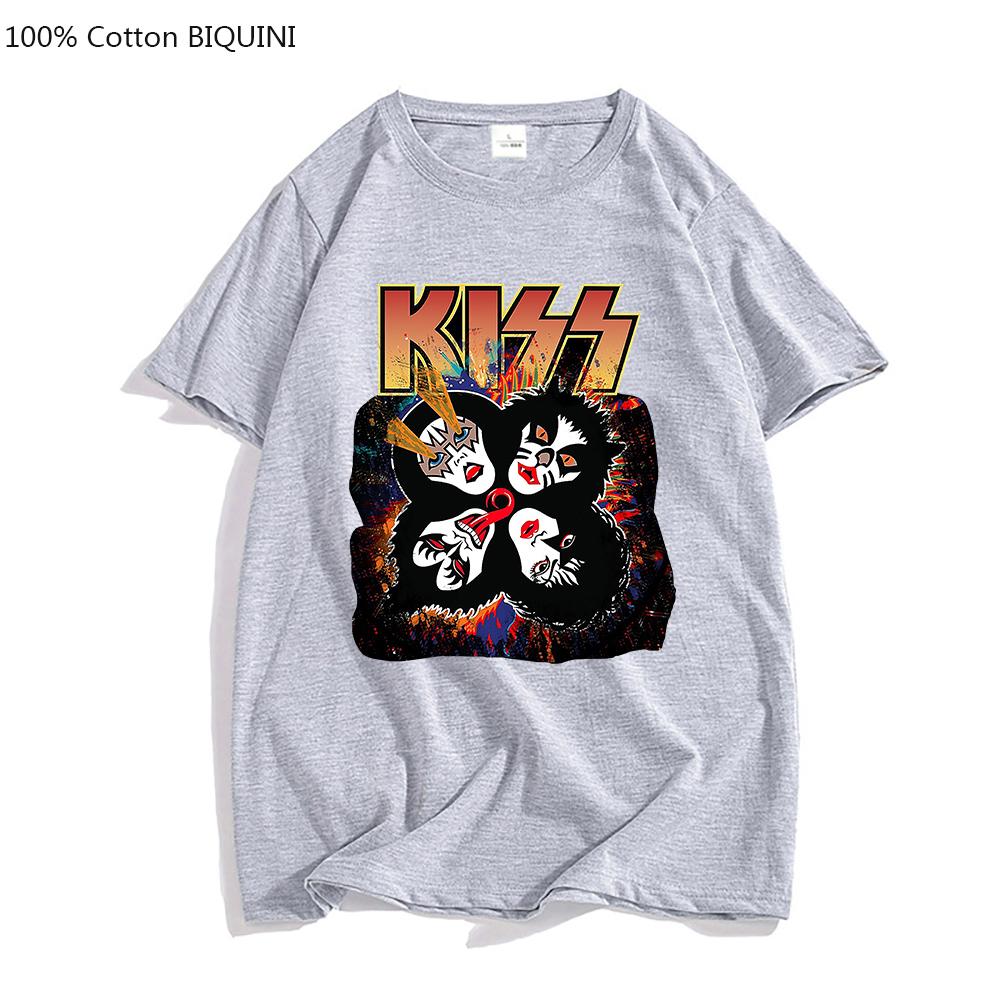 New T Shirt Black Tops for Men KISS Rock & Roll T-Shirt Heavy Metal Band Merch 100% Cotton Tshirt for Male/Female Punk Goth Tops