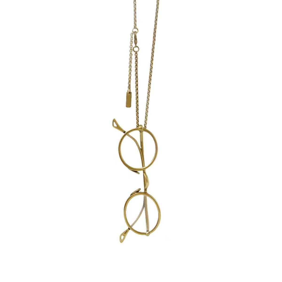 Literary and retro old glasses pendant necklace women s ancient gold and silver glasses shape lanyard long necklace high-end accessories