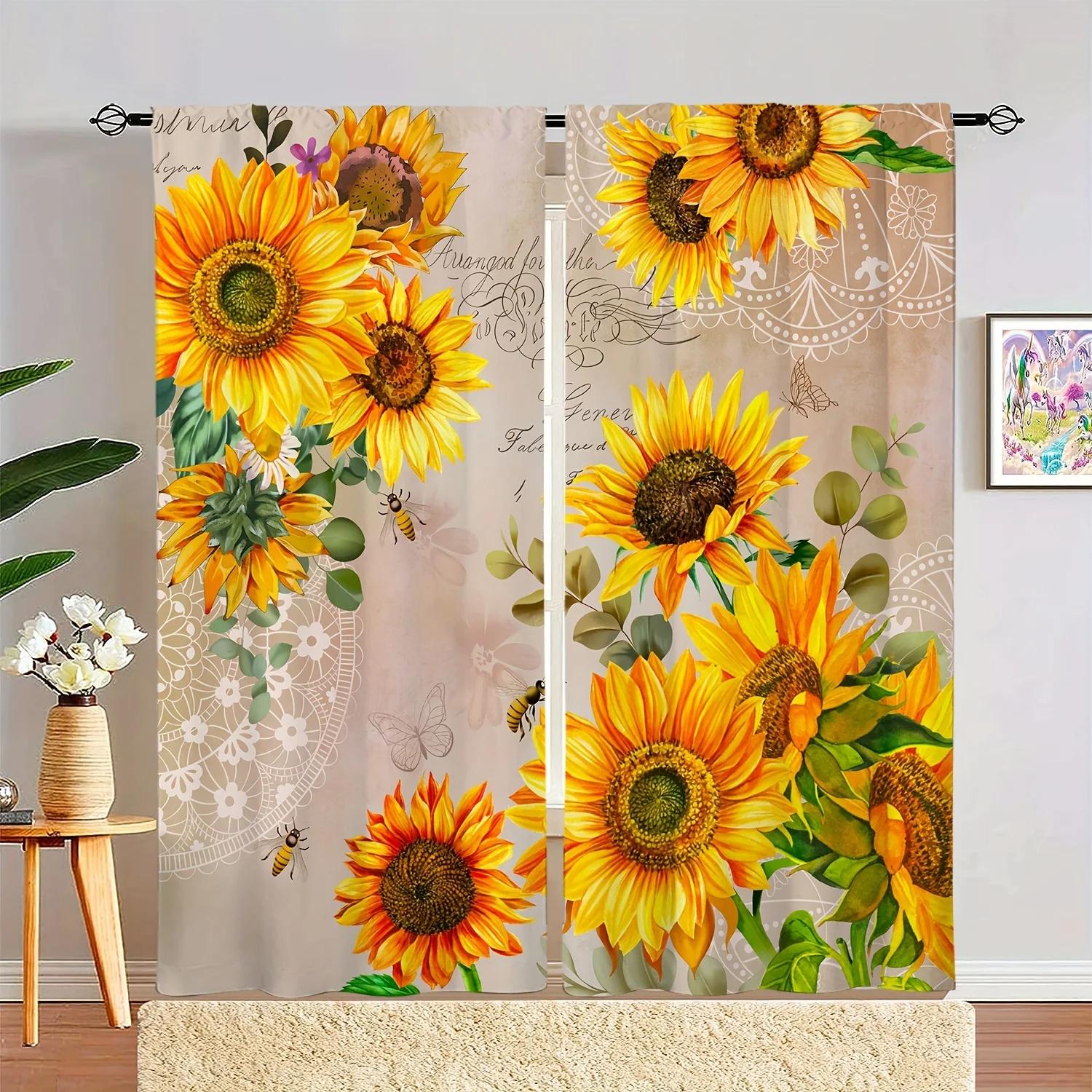 

2 шт. Занавеска с принтом подсолнуха - Кулиска для штанги, оконное оформление для домашнего декора, спальни, офиса, кухни, гостиной, кабинета - Эстетич W70 X H165(CM)X2&Grommet Top