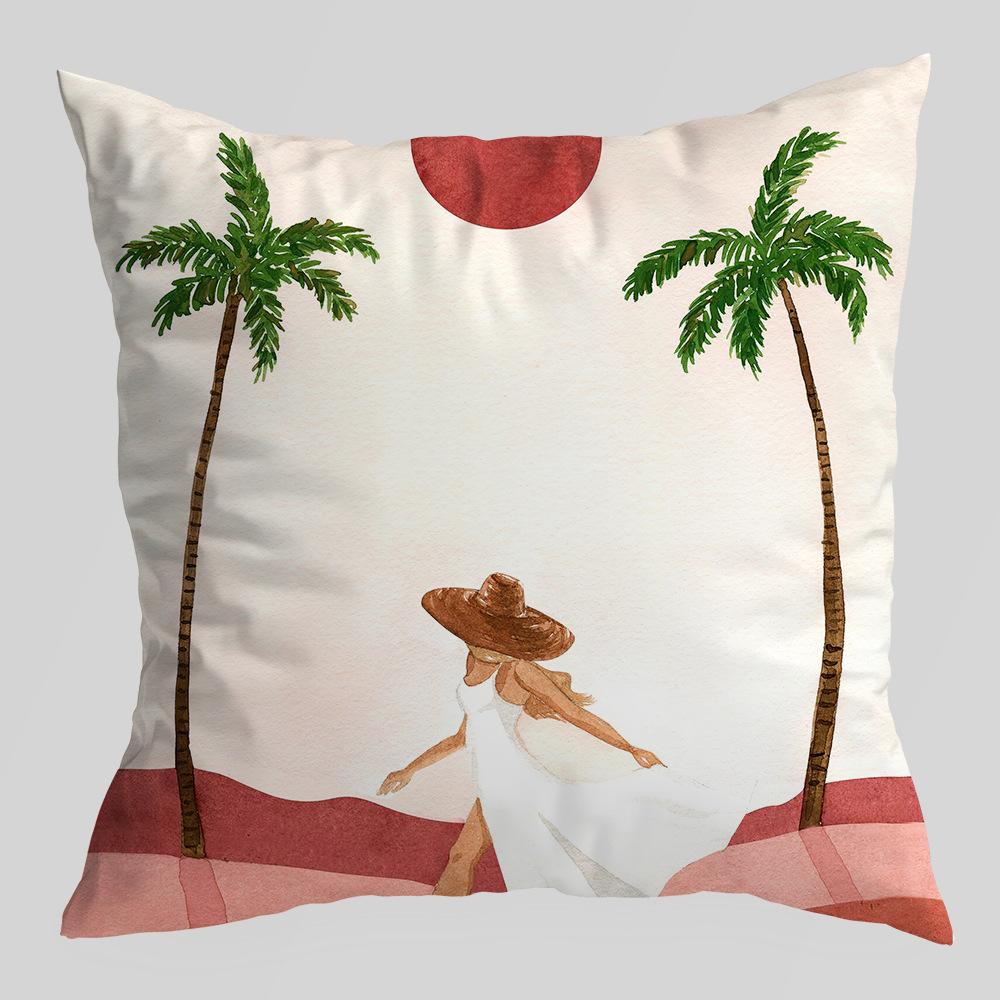 Abstract Green Plant Figures Seascape Pillow Cover Nordic Ink Painting Short Velvet Sofa Car Pillow Cushion Cover