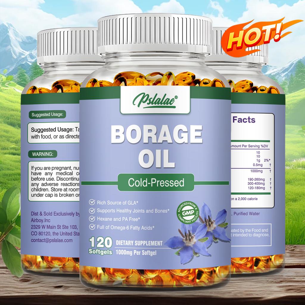 Pslalae High-Absorption Borage Oil Capsules, 1000 mg, 100% Vegan, Suitable for Skin Health and Hair, Easily Absorbed