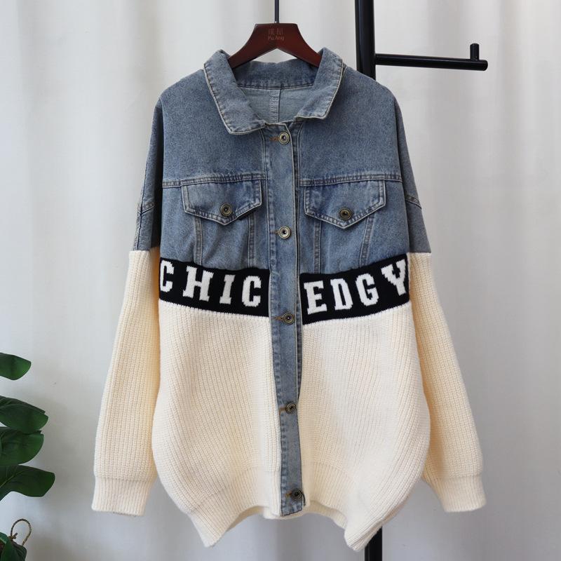 Autumn and winter new splicing denim design knitted cardigan loose medium and long sweater jacket women