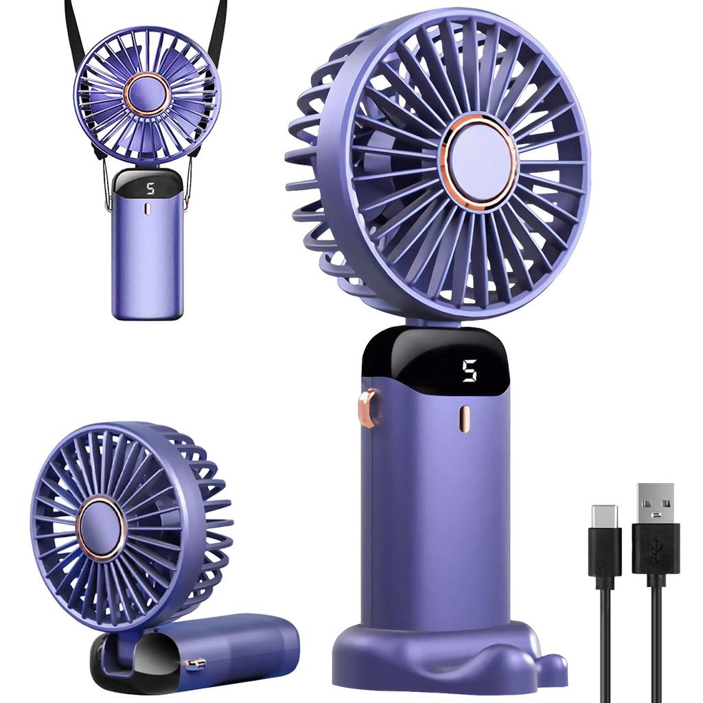 Tragbarer Handheld-Mini-Ventilator 1200mAh USB-Wiederaufladbarer Ventilator 5-Stufen-Einstellung Mit Handyhalterung Display für Zuhause Outdoor-Einsatz