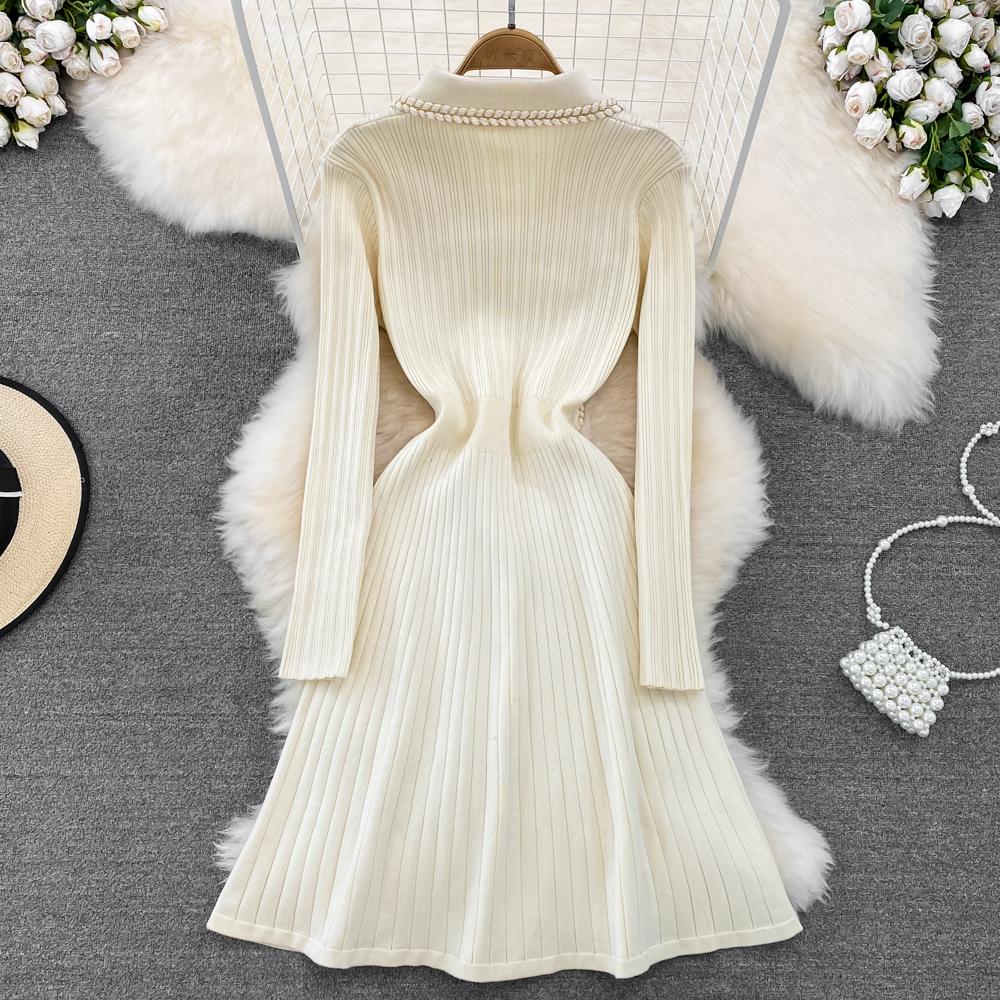 Frauen Kleine Duftende Revers Gestrickte Pullover Kleid Weibliche Herbst Winter Jumper Unten Kleider