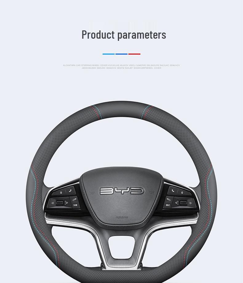 Genuine leather, hand-stitched non-slip steering wheel cover for BYD Dolphin 2021-2023 models.