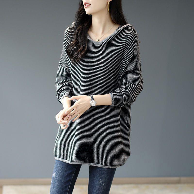 Plus Size Sweater Thickened Hooded Female Autumn Loose Striped Knit Sweater Warm Knit Sweater Tops