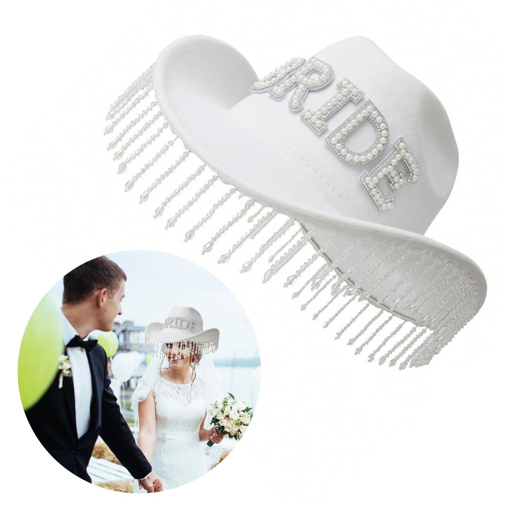 Roll Brims Cowboy Hat for Bride Bridesmaids Elegant Tassels Bead Cowgirl Hat Theme Party Costume Halloween Dress Up Hat