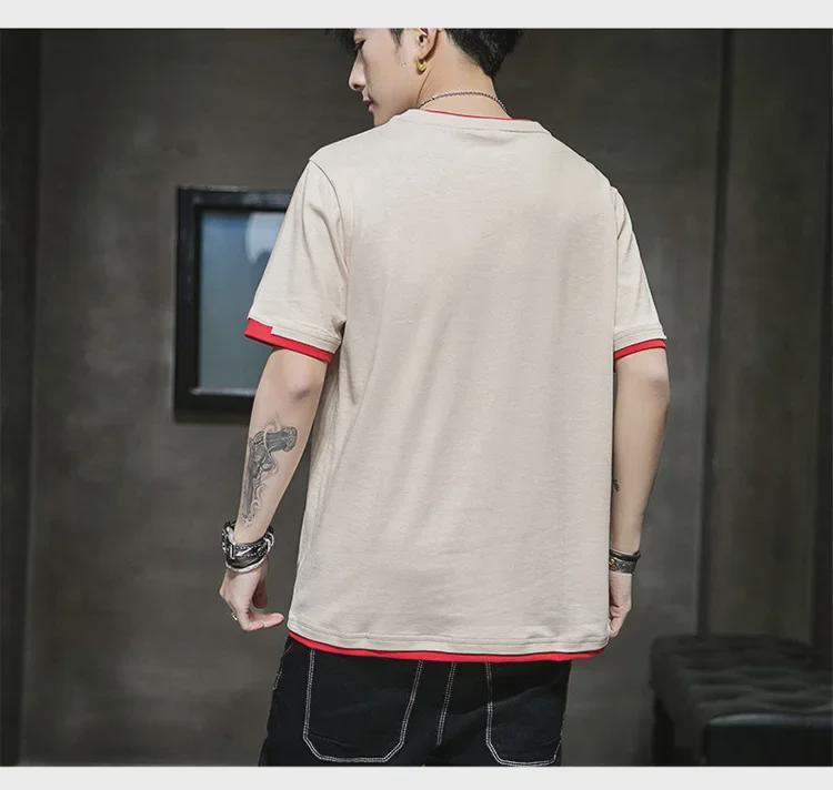 Men's Short-Sleeve Two-Piece Look Cotton T-Shirt, Loose & Breathable Hong Kong Style, Comfortable Spring/Summer Casual Innerwear Trend