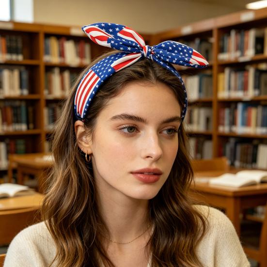 Women Headband USA Flag Independence Day Theme Three-Dimensional Rabbit Ear Bow Shape Headband Sponge Filling Non-Slip Hair Hoop