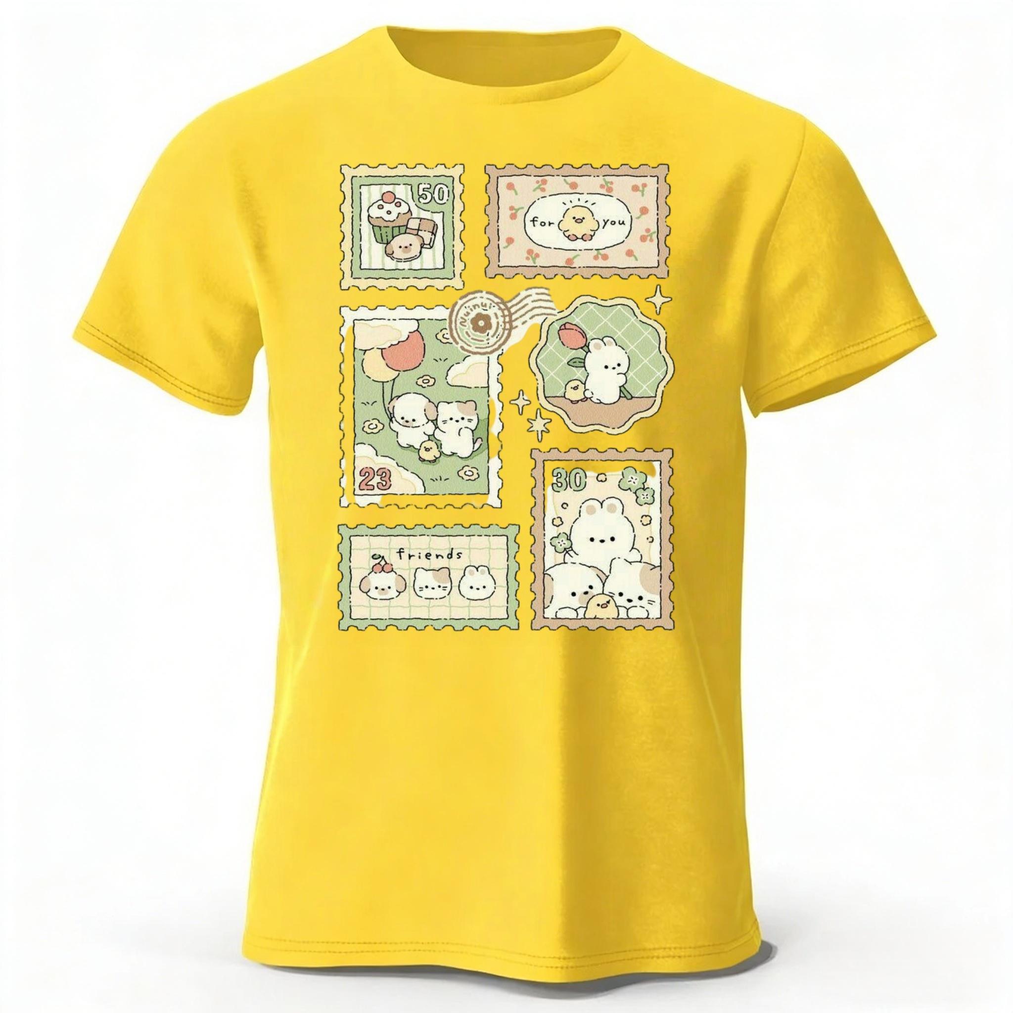 Men s Fashion Cotton Short Sleeves Healing Animal Stamp Printed Large Comfortable Leisure Sports T-shirt Top XXXL жёлтый