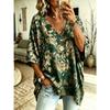 Women's Retro Red Leaf Floral Print Oversized V-neck Pullover, Bat-sleeved Short-sleeved Bohemian Loose Shirt