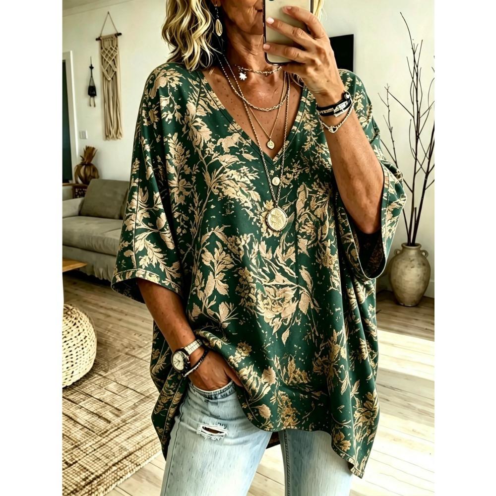 Women's Retro Red Leaf Floral Print Oversized V-neck Pullover, Bat-sleeved Short-sleeved Bohemian Loose Shirt