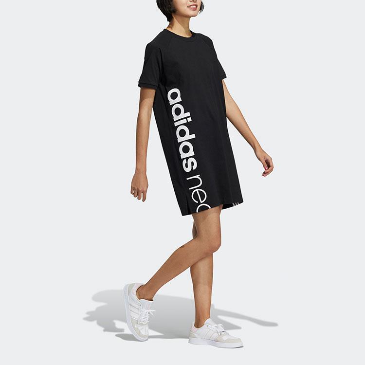 Adidas Neo Color Block Letter Logo Print Sports Style Comfortable Short Sleeve Dress Women Dresses Black H61974