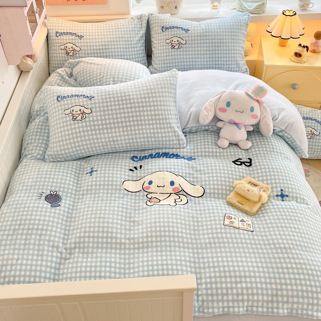 Cat Thickened Milk Fleece Four-Piece Set Cartoon Sticker Embroidered Fleece Quilt Cover Student Three-Piece Set